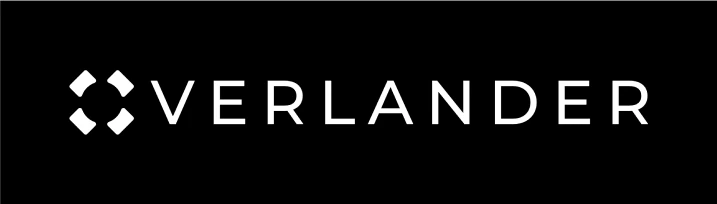 Overlander wordmark in white on black, the mark replacing the O