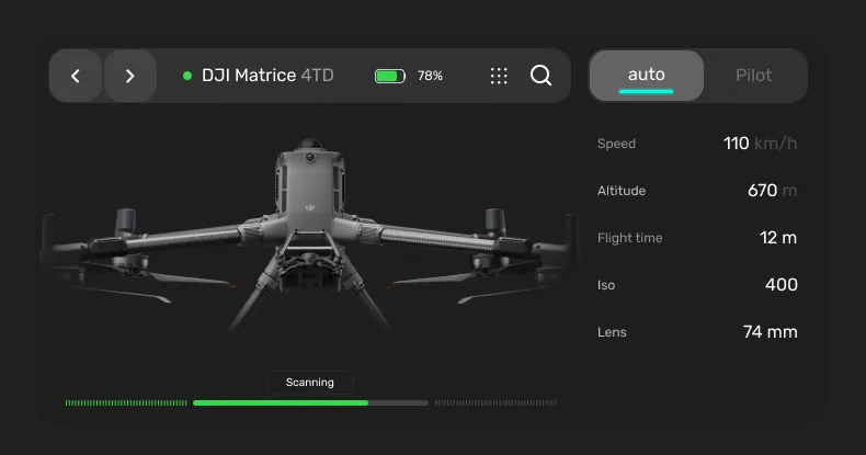 Selected aircraft card with auto and pilot modes, five readings and scan progress