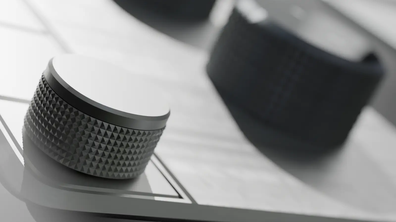 Macro of a knurled rotary knob with a pyramid pattern