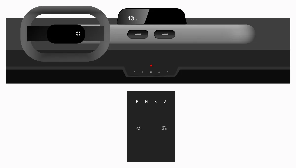 Dashboard layout: square steering wheel, display above the vents, drive mode scale 1 to 5, and the P N R D centre stack