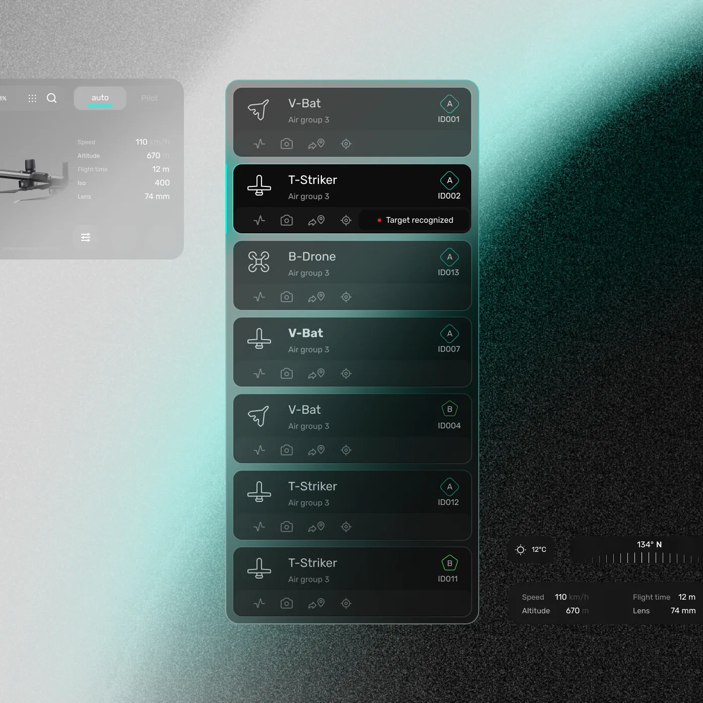 The fleet list floating over a grainy mint and black field, with glass readings around it