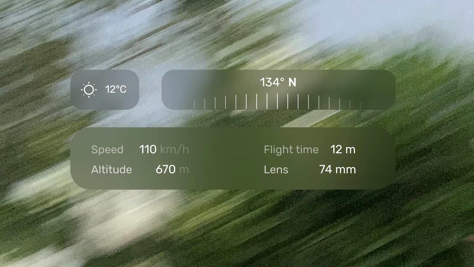 Glass readings over a moving aerial image: 12°C, heading 134° N, speed, altitude, flight time and lens