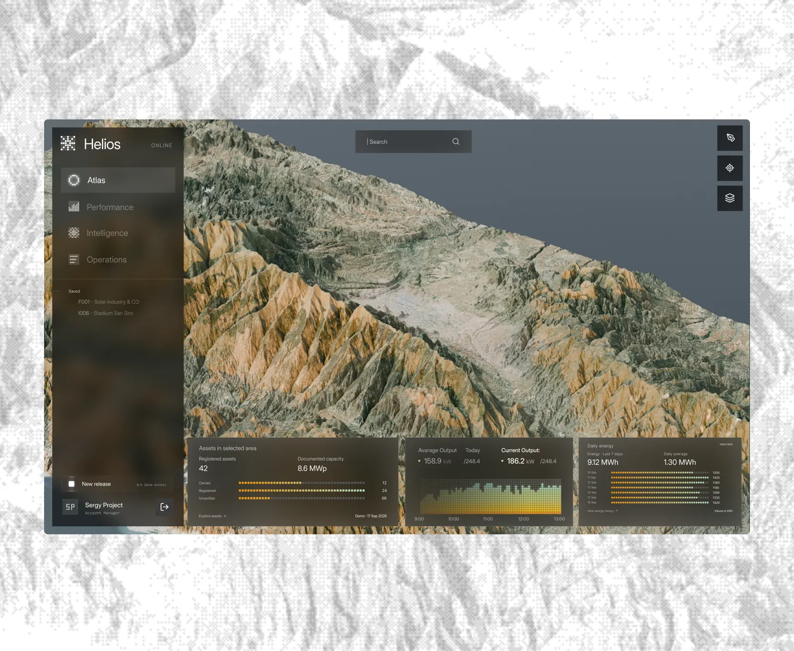 Helios Atlas: terrain map with assets, output and energy panels