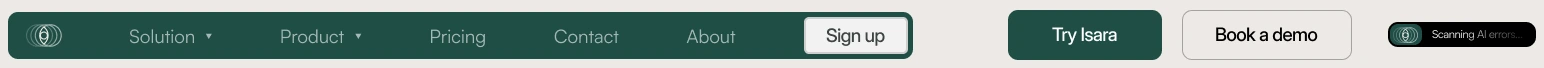 Components: green navigation bar with Sign up, Try Isara and Book a demo buttons, and the Scanning AI errors status pill