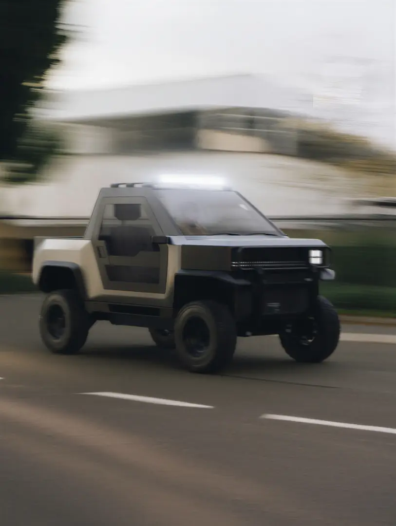 Overlander driving on a city street, motion blur