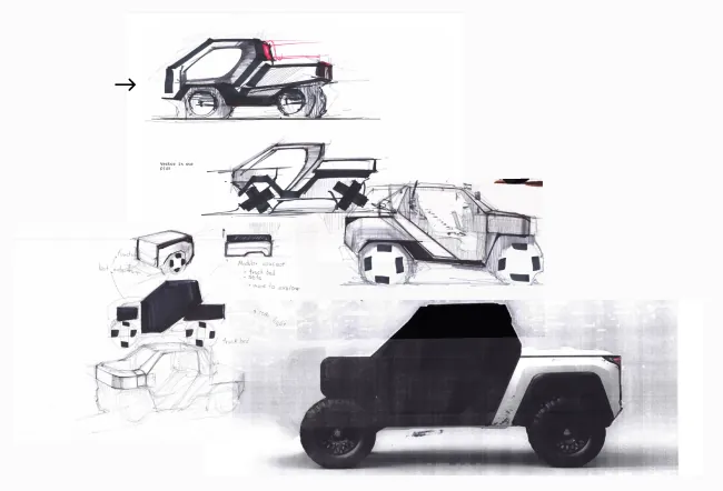 Sketches of Overlander: side views, a modular bed study and a taped silhouette