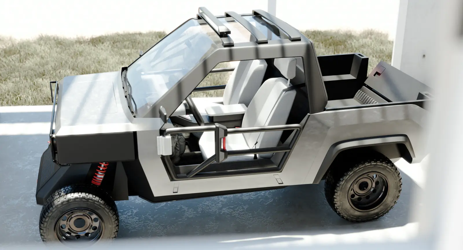Overlander side view with the doors open: exposed cabin frame, tubular doors, two seats and the load bed