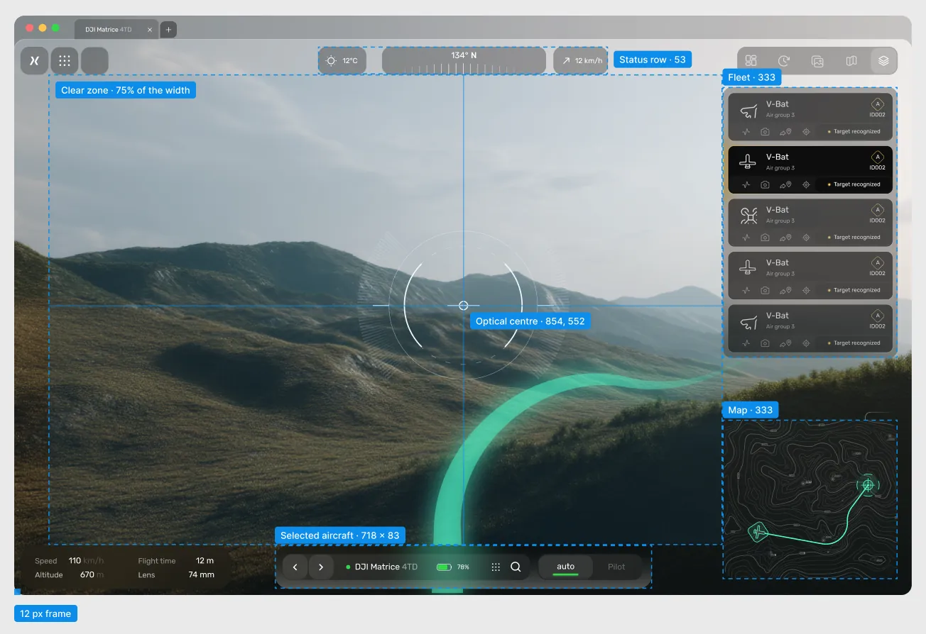 Spectre tracking view with the layout frame annotated: clear zone, status row, fleet column, selected aircraft bar, map and optical centre