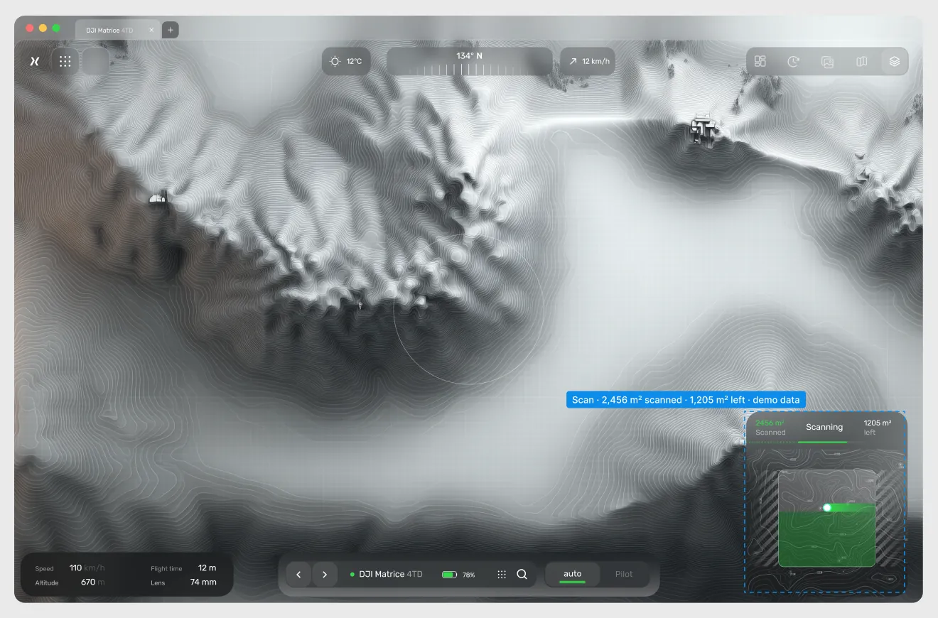 Spectre map view: grey topographic terrain with the scan panel showing area scanned and area left