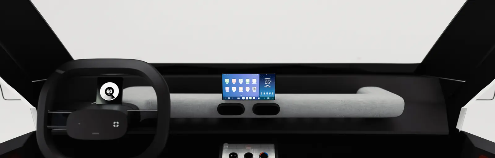 Overlander dashboard render: square wheel with the vertical cluster, a long fabric-covered dash with two vents and a central screen