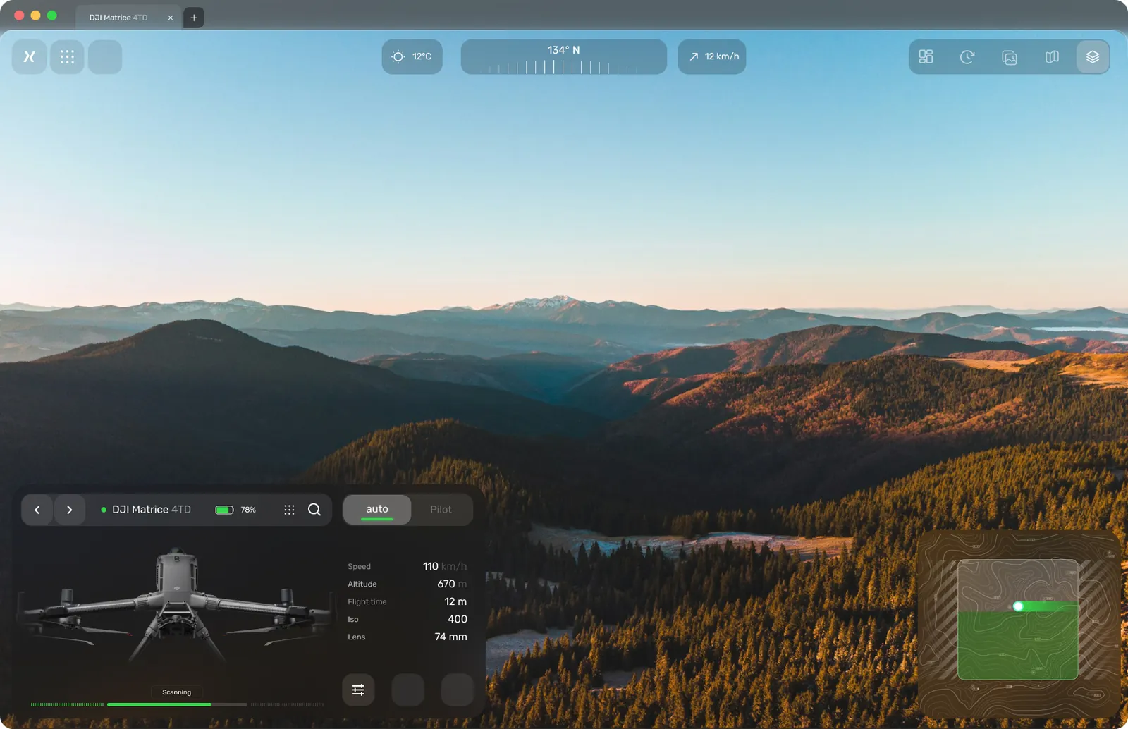 Spectre inspect view: aerial landscape with the selected aircraft panel, status chips and map